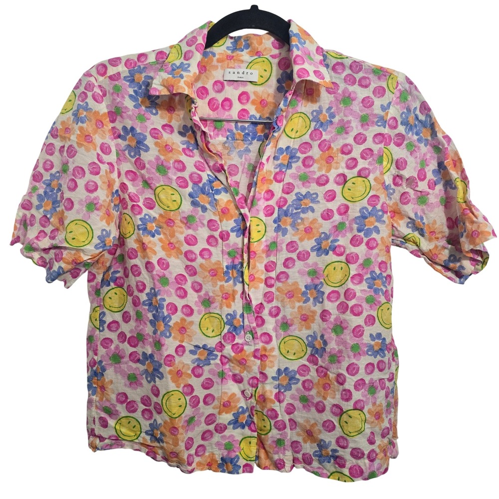 Sandro Paris X Smiley 4 Livia Printed Button Pajama‎ Shirt Linen blend size 1
